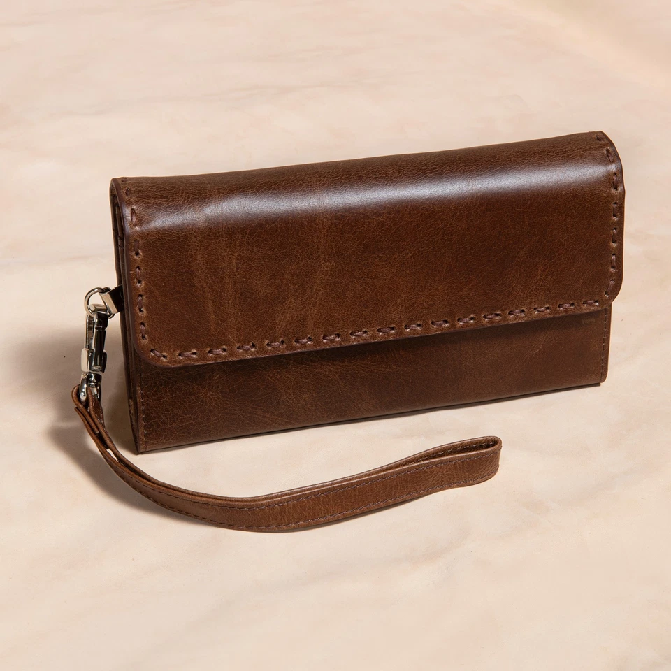 Leather Clutch Wallet for Women, Handmade Wristlet Bag with Zipper Pocket - Image 3 of 4