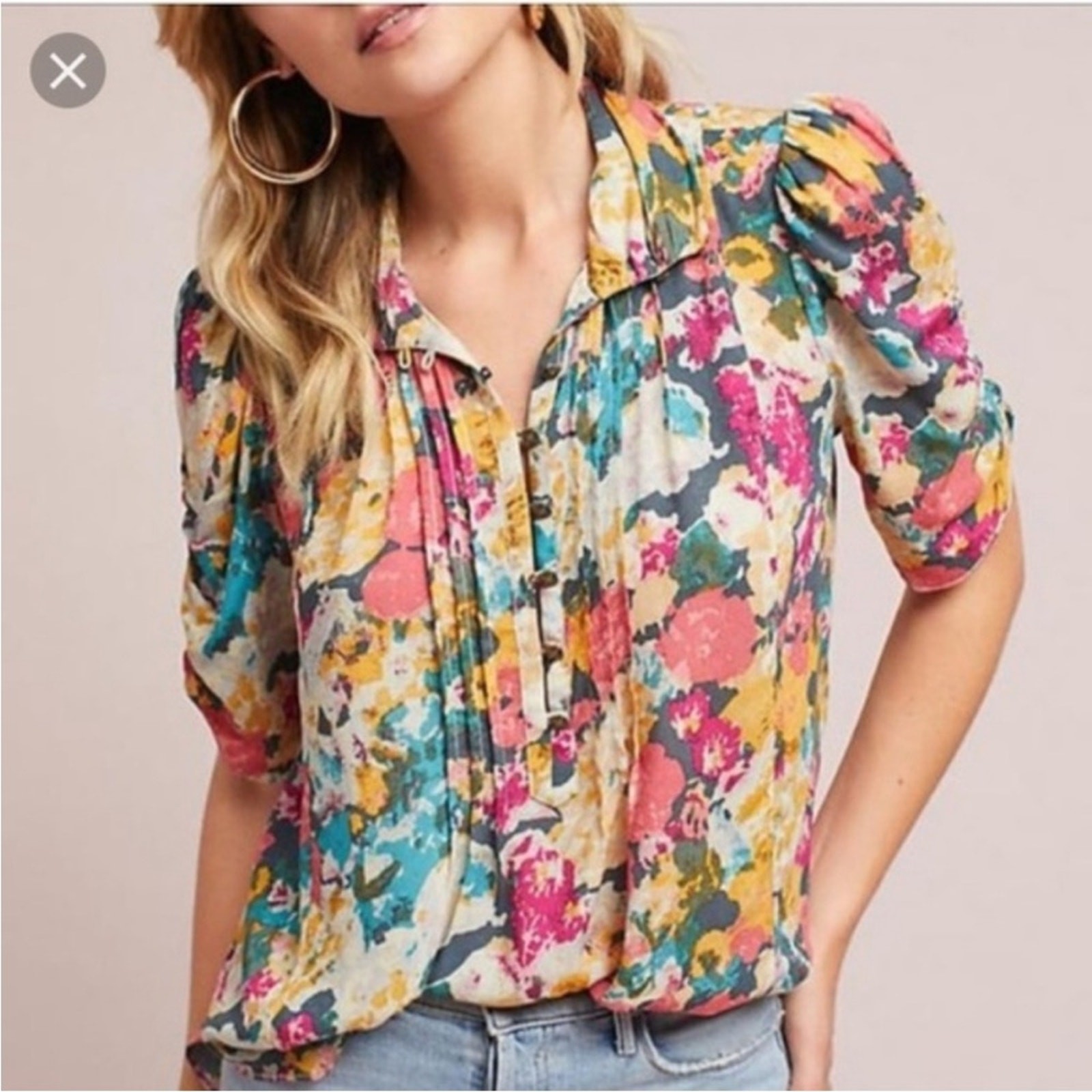 Anthropologie Maeve Pleated Puff Sleeve Square Button Floral Blouse 8