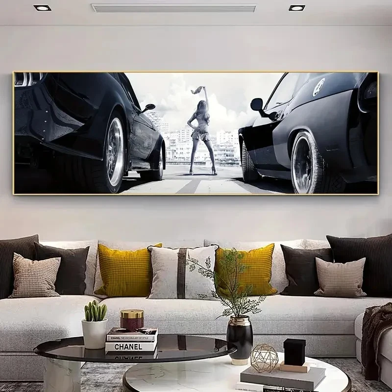 Panoramic Race Car And Statue Landscape Painting Canvas Wall Art Home Decor