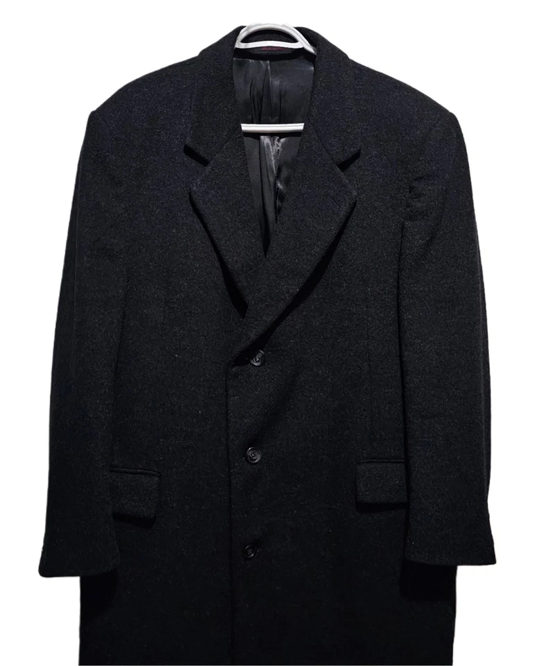 Men's Black Single Breasted Overcoat Macy's Club Room Long Wool Top Coat Sz 44R - Image 2 of 4