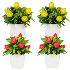 4 Fake Potted Plants Small Artificial Fruit Plants with Pots Lemon 2pcs Straw...