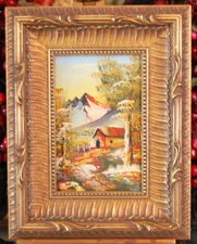 MINIATURE VINTAGE 80'S FRAMED ORIGINAL OIL MOUNTAIN CABIN FOREST LANDSCAPE SCENE