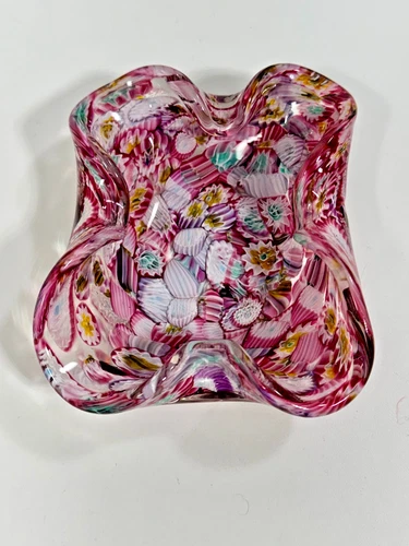 Murano Millefiori Art Glass Bowl Pink Multi Cane Folded Rim