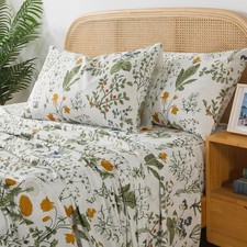 Full Size Sheets 100 Percale Cotton Green Floral Bed Sheet Set Yellow Flower