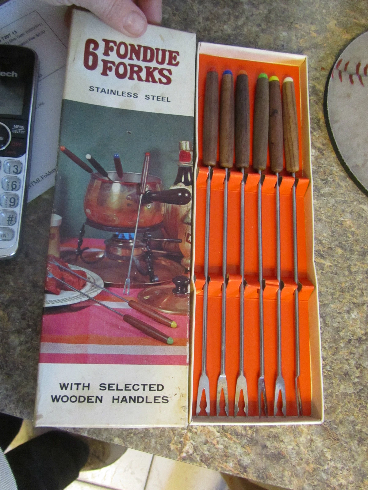 Vintage 6 Piece Staninless Steel Wooden Handles Fondue Forks In Box Color Tops