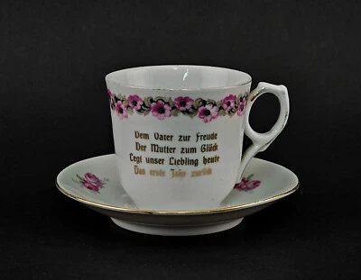 a-9240183 Kinder-Spruchtasse Jugendstil zum 1.Geburtstag Porzellan gold 11x6cm - Bild 1 von 3