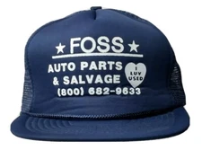 Cool VTG Trucker Hat Foss Auto Salvage "I Luv Used" Blue Mesh SnapBack Cap Retro