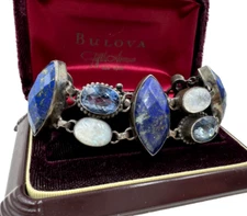 MOONSTONE BLUE TOPAZ LAPIS LAZULI STERLING SILVER SIGNED BRACELET RARE GEMSTONES