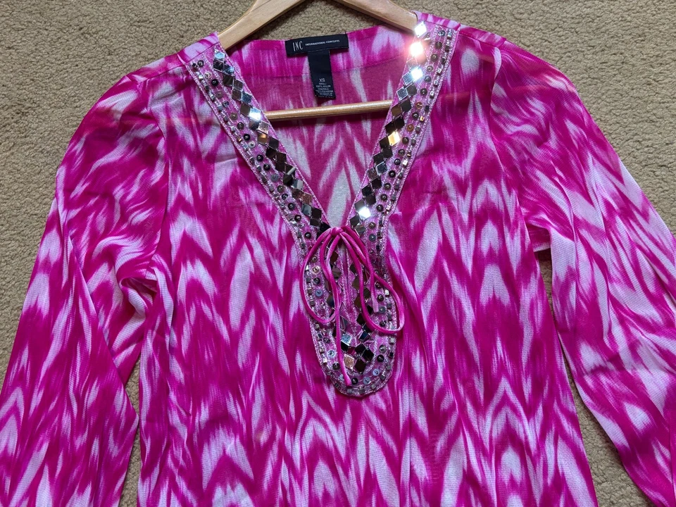 INC International Concepts украшенный Ikat шифоновое крестьянин блузка розовый белый XS - Изображение 3 из 4