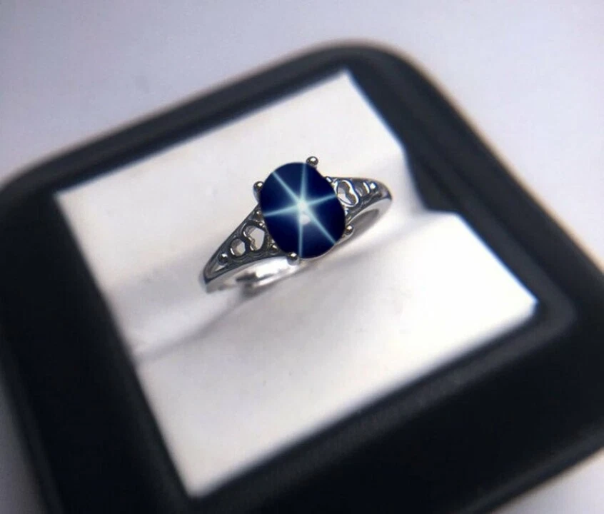 Anillo Estrella Lindy Estrella Zafiro 7x9mm Anillo Estrella 6 Rayos Anillo Estrella Azul  Foto 2 de 3