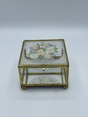 Vintage  Brass Floral Glass Jewelry  Vanity Box Mirrored 2.5X4