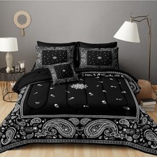 8 Pieces Paisley Comforter Set Queen Black Bedding Set Queen-8 Pieces Black-03