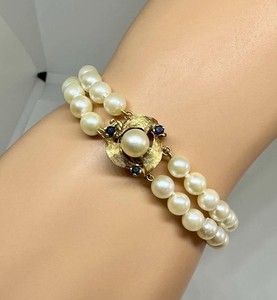 Art Deco Sapphire Pearl Bracelet 14 Karat Gold Double Strand Hollywood Regency