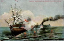 Virginia Sinking the Cumberland Naval Ships Civil War Antique Art Postcard
