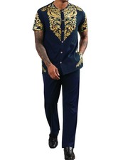 Mens African 2 Piece Set Nigerian Dashiki Metallic Short Sleeve Suit Gold Sta...