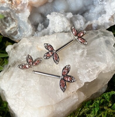 PAIR Crystal Set Three Petal Flower Ends 14g 1/2'' Nipple Ring Barbells Shields