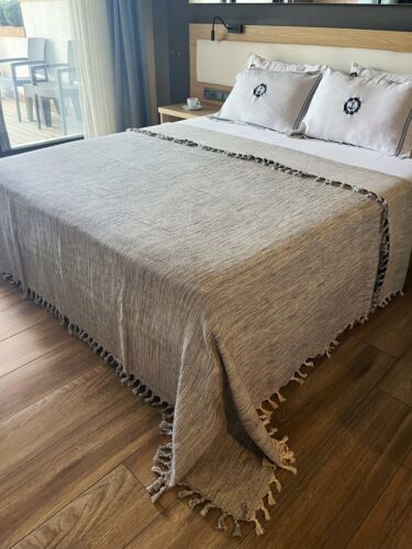 Gray Organic Bedspread King Queen Blanket - Boho Tassel Farmhouse Decor