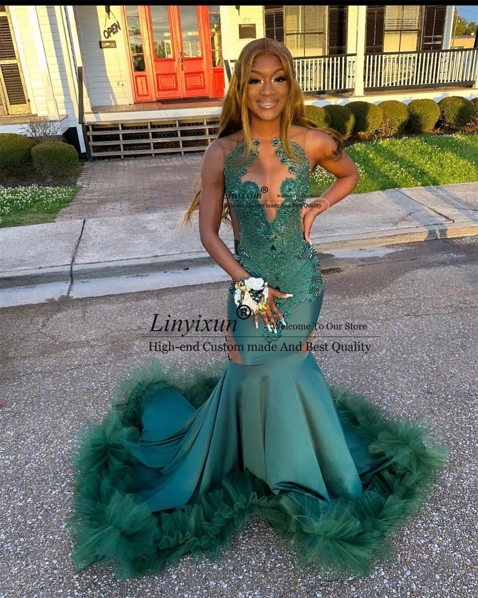 Glitter Crystal Beaded Mermaid Prom Dresses Green Stain Formal Evening Gowns  | eBay