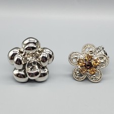 Flower Ring Set Of 2 Stretch Silver Tone Rhinestone One Size Fits All Floral 3D