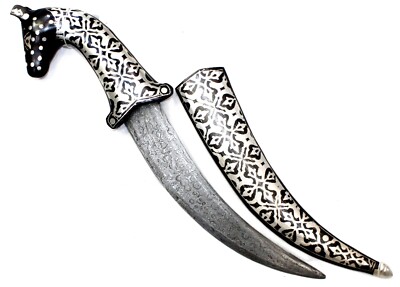 Dagger Pure Silver Koftgari Inlay Work Damascus Steel Blade Horse Handle k478