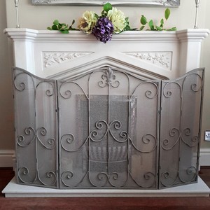 Large Ornate Shabby Chic Aged Grey Metal Firescreen Folding 3 Way