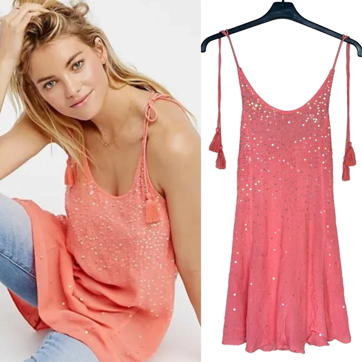 Intimately Free People Coral Tunic Sequin Top XS Just Watch Me