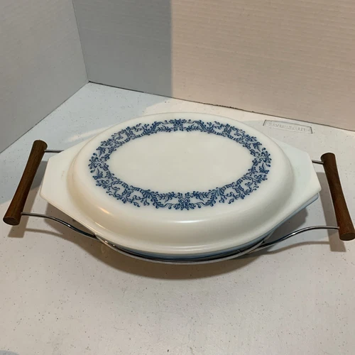 Pyrex Blue Ivy Divided Serving Dish with Cradle (1967-1968)