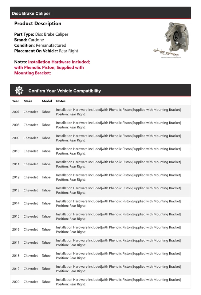 Pinza de freno de disco trasera derecha Cardone 2008 2009 para Chevrolet Tahoe 2007-2020 Foto 2 de 4