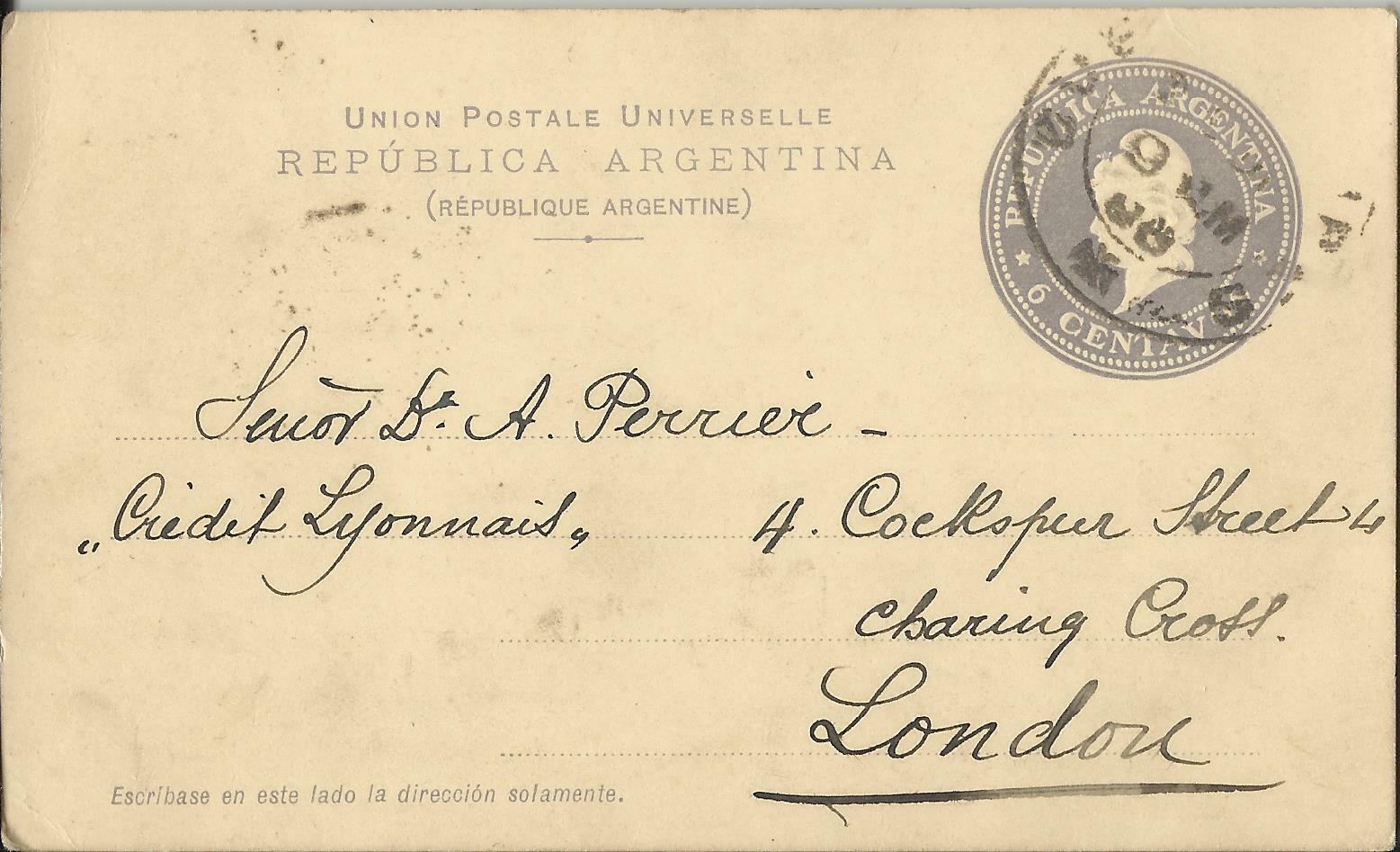ARGENTINA EARLY 6 CENTAVOS POST CARD TO LONDON USED