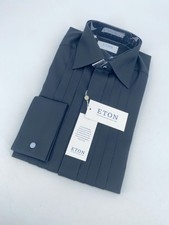 Eton Dress Shirt Mens S 15 - 38 Black Pleated Textured Twill Slim Fit Business