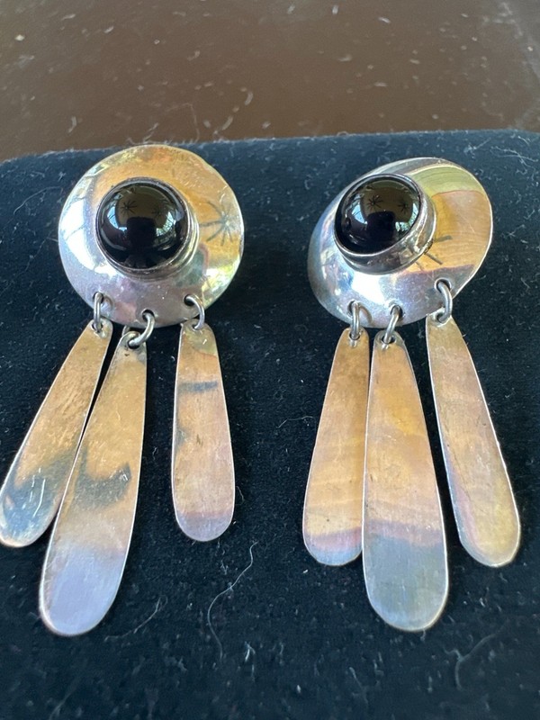 Vintage AP Sterling Silver Modernist Dangle Earrings Black Onyx Estate