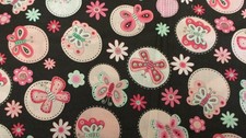 Butterflies Circles Floral Fabric Pink On Black Cotton 1yd 15" x 42