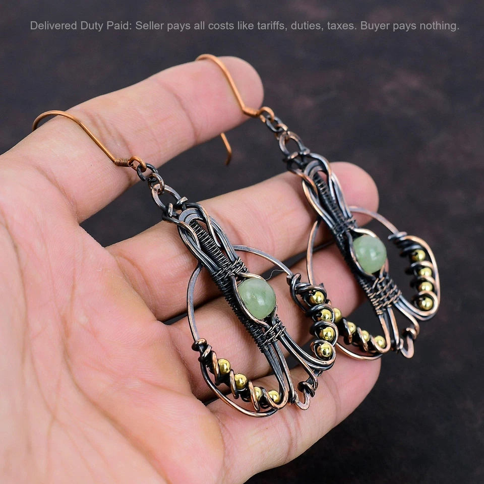 Copper Prehnite Gemstone Dangle Drop Wire Wrapped Sister Trendy Earrings Jewelry - Image 4 of 4
