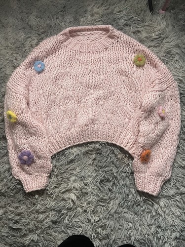 Beulahstyle Pink Chunky Crochet Sweater OS Oversized 3D Flower Knit Pullover