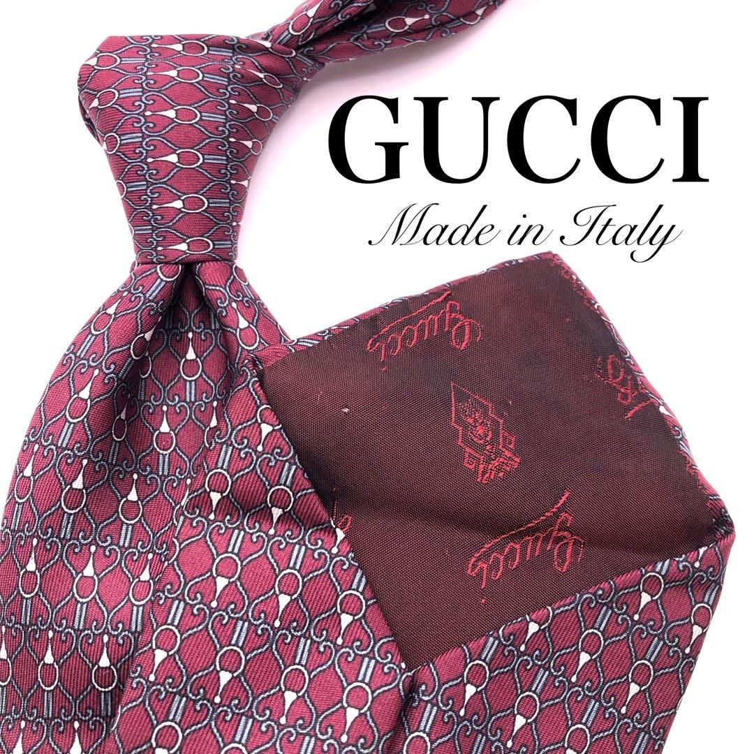 GUCCI Necktie Tie Wine Red All over small pattern Used Made in Italy 100% Silk