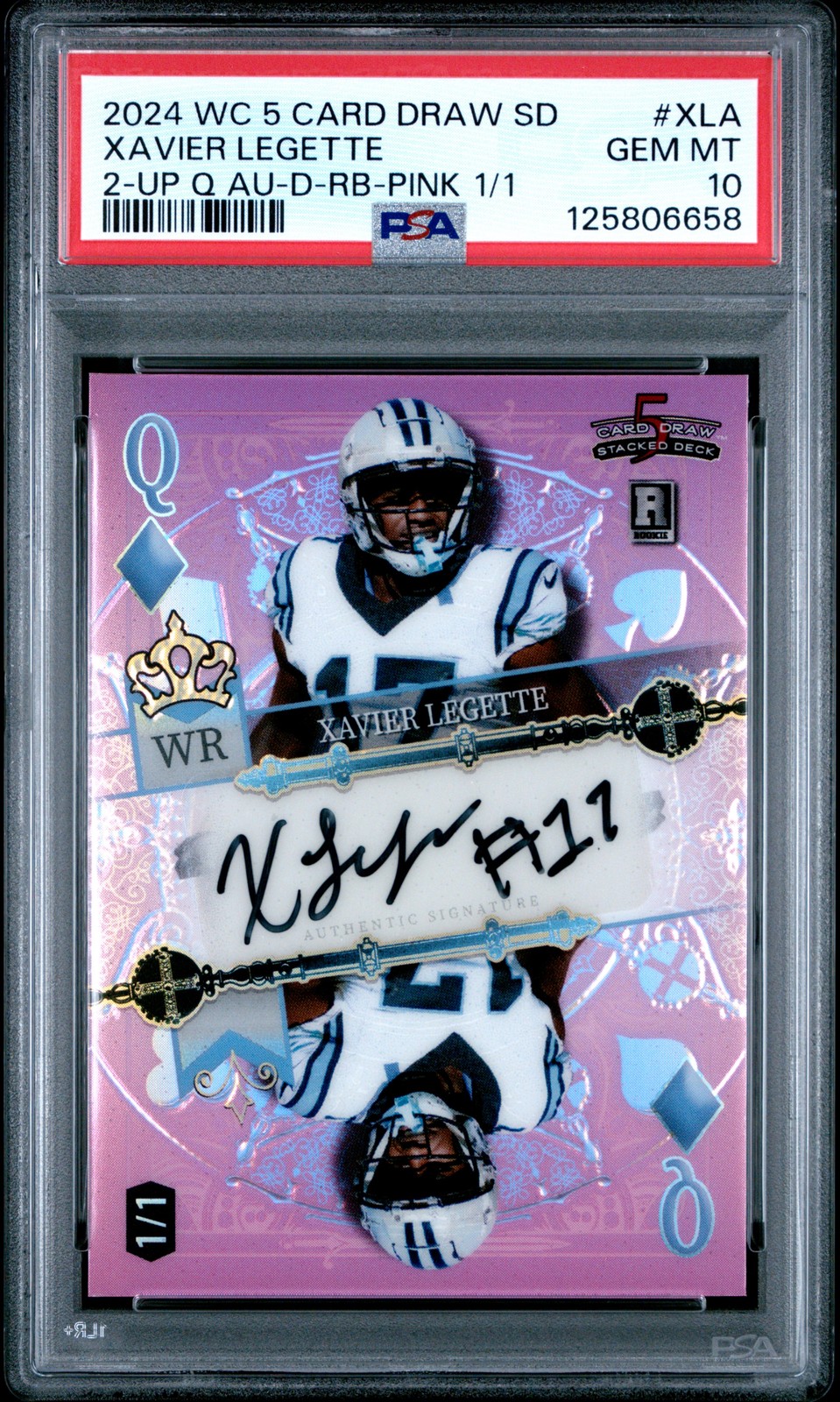 Xavier Legette Wild Card 5 Card Draw Stacked Deck 2-Up Queen Promo Autographs #XLA Diamond-Rainbow Foil-Pink 1/1