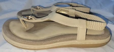 WOMENS SOCOFY BEIGE GOLD STRAPPY SLINGBACK THONG SLIP ON SANDAL SHOE 38 7 7.5