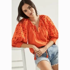 ANTHROPOLOGIE Chantal Eyelet Lace Top Orange Crochet Tie Neck Embroidered Medium