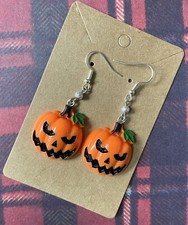 Orange Pumpkin Earrings - Spooky Jack-O’-Lantern | Dangly Drop |