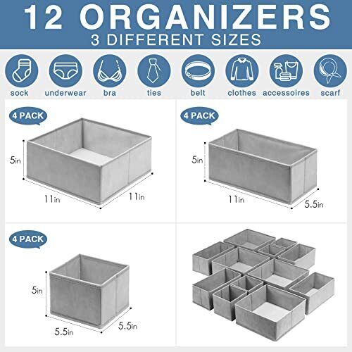 Drawer Organizer for Clothing Sock Underwear Drawer Organizer 12 Pack Grey - Picture 3 of 6