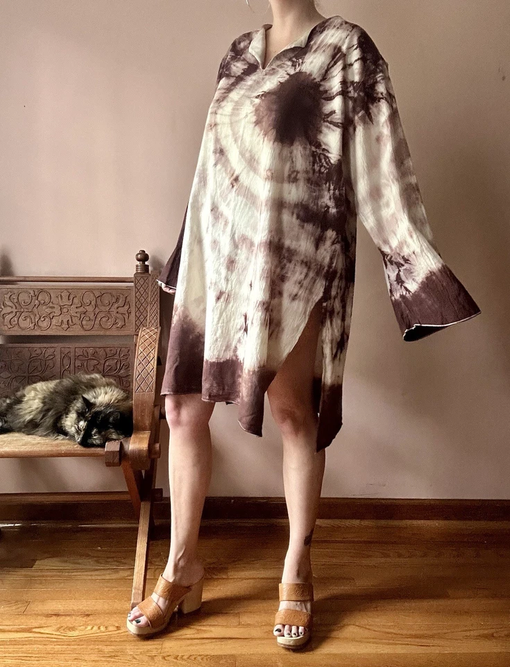 Túnica Vintage Manga Larga - Tie Dye Marrón Caftán - Top Hippie Boho Años 70 Mini Foto 3 de 4