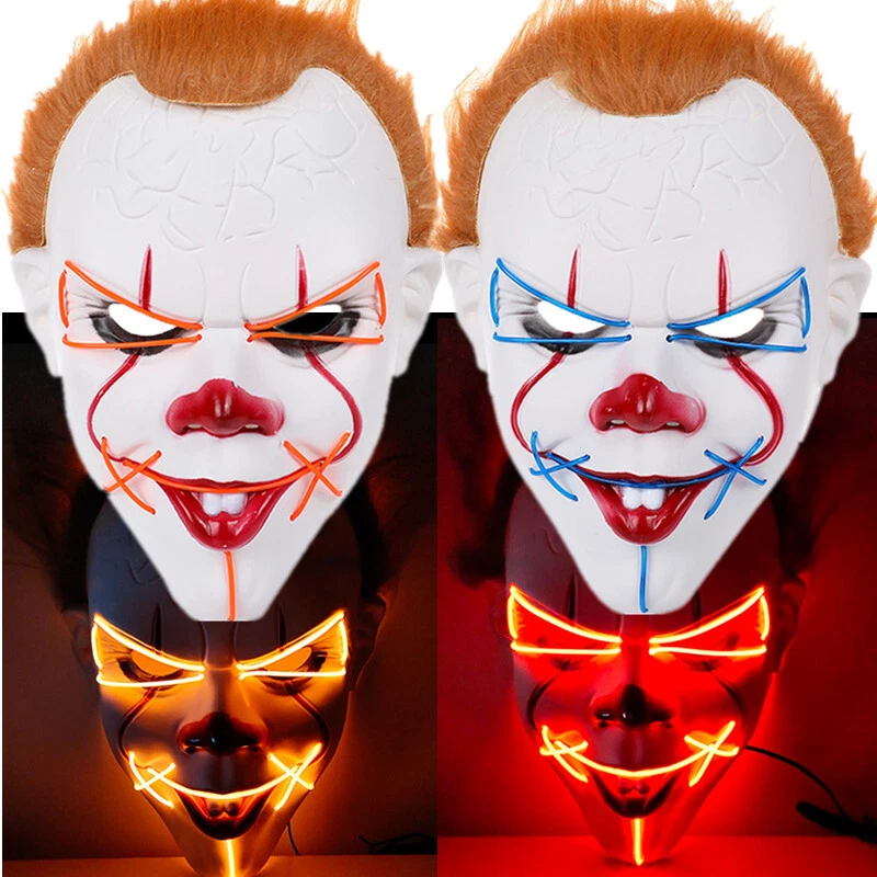 Máscara facial de palhaço assustador com iluminação LED máscara cosplay fantasia festa adereço - Imagem 2 de 4