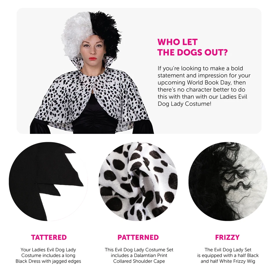COSTUME DONNA CRUDELIA VESTITO PARRUCCA MANTELLO DALMATA HALLOWEEN VESTITO FANTASIA DEVILLE - Immagine 2 di 4