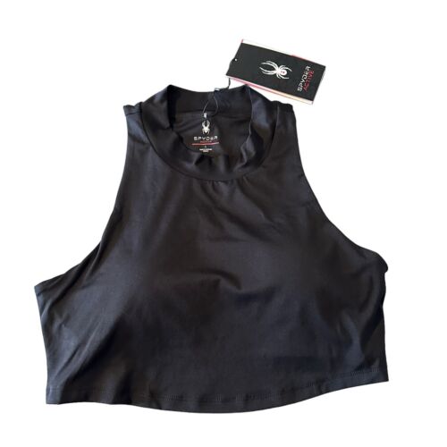 Spyder Sz L Mock Neck Crop Top Padded Racerback Sports Bra Black NWT Athleisure - Picture 1 of 6