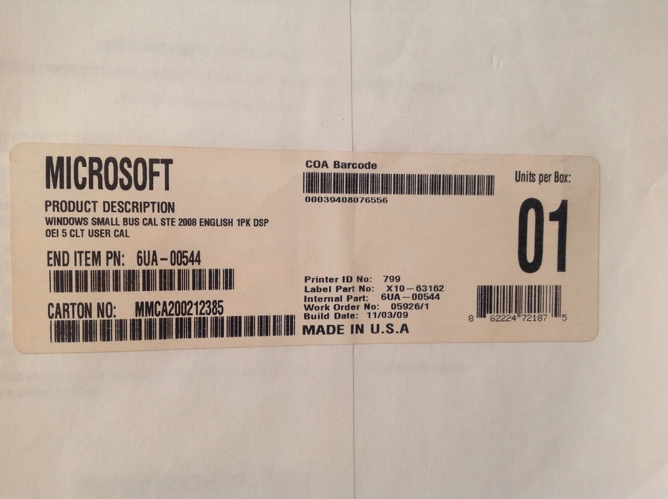 Windows SBS Small Business CAL 2008 Standard OEM 5 User CAL - 6UA-00544 - Image 2 of 4