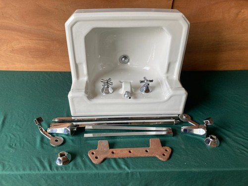 Vtg Mid Century White Porcelain Bath Sink Chrome legs Towel Bars Old Vtg 273-24E - Picture 17 of 17
