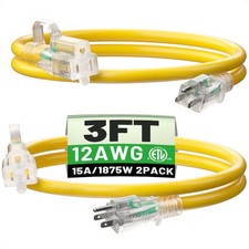POWGRN 2 Pack 3 ft 12/3 Outdoor Extension Cord Waterproof Heavy Duty with Lighte