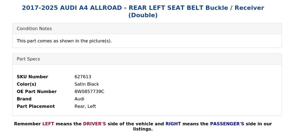 AUDI A4 ALLROAD 2017-2025 - CINTURÓN DE SEGURIDAD TRASERO IZQUIERDO hebilla/receptor (doble) Foto 4 de 4
