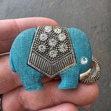 Silvertone & Teal Elephant Brooch w/ Clear Rhinestones w/ Mid Century Design