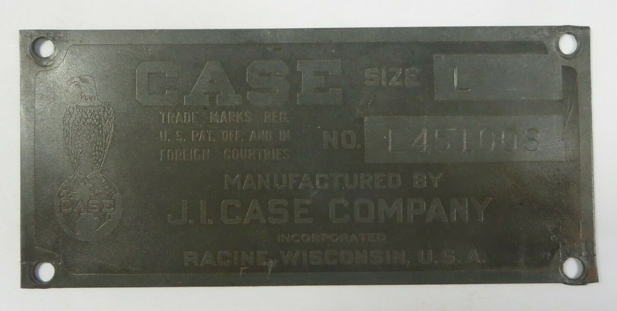 Vintage J.I. CASE COMPANY Metal Serial Tag Plate Number Data Plate